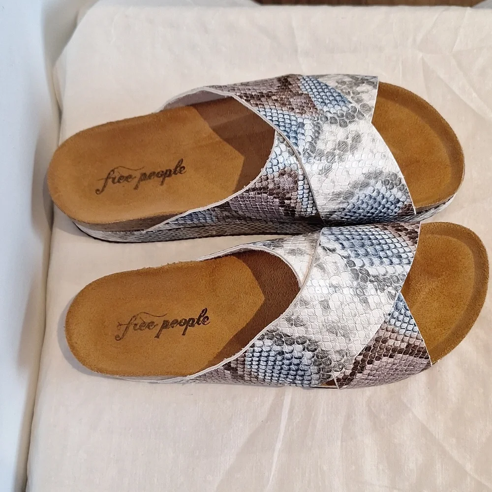 Free People Sideline Snake-Print Crossband Slide Sandals in Neutral Tones
